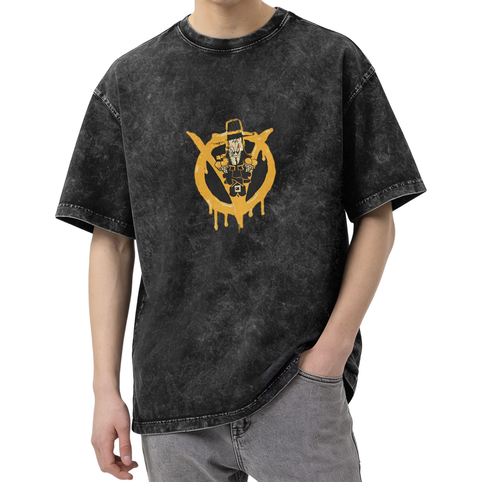 Washed Black T-Shirt With Graffiti Style Pilgrim Graphic