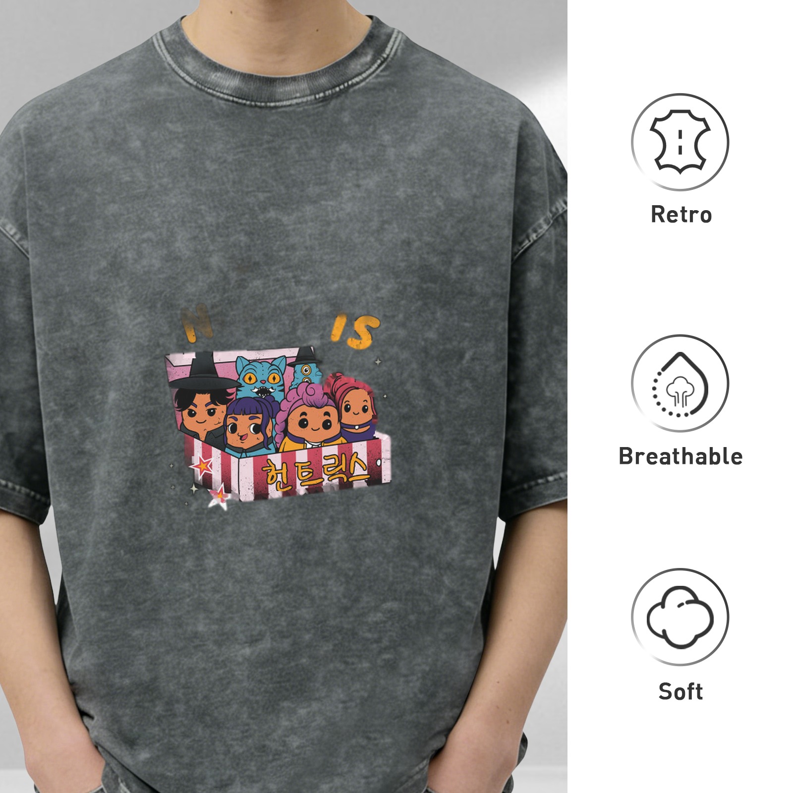 Oversized Black Acid Wash T-Shirt With Cute Cartoon Character Graphic