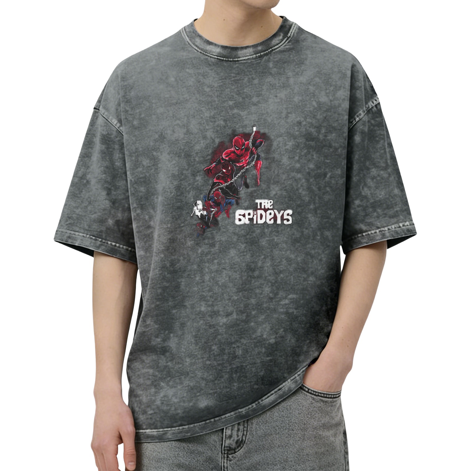 Washed and distressed black Spider-Man themed short-sleeved T-shirt Loose casual crew neck top