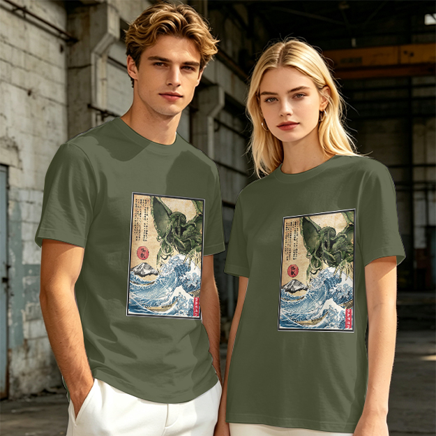 Olive T-shirt with Japanese ukiyo-e style Cthulhu wave print