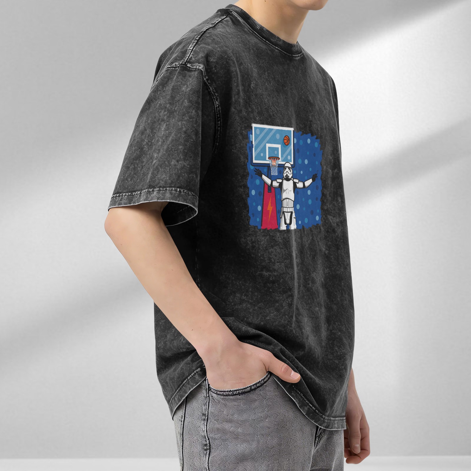Washed Black T-Shirt with Stormtrooper Basketball Graphic Design