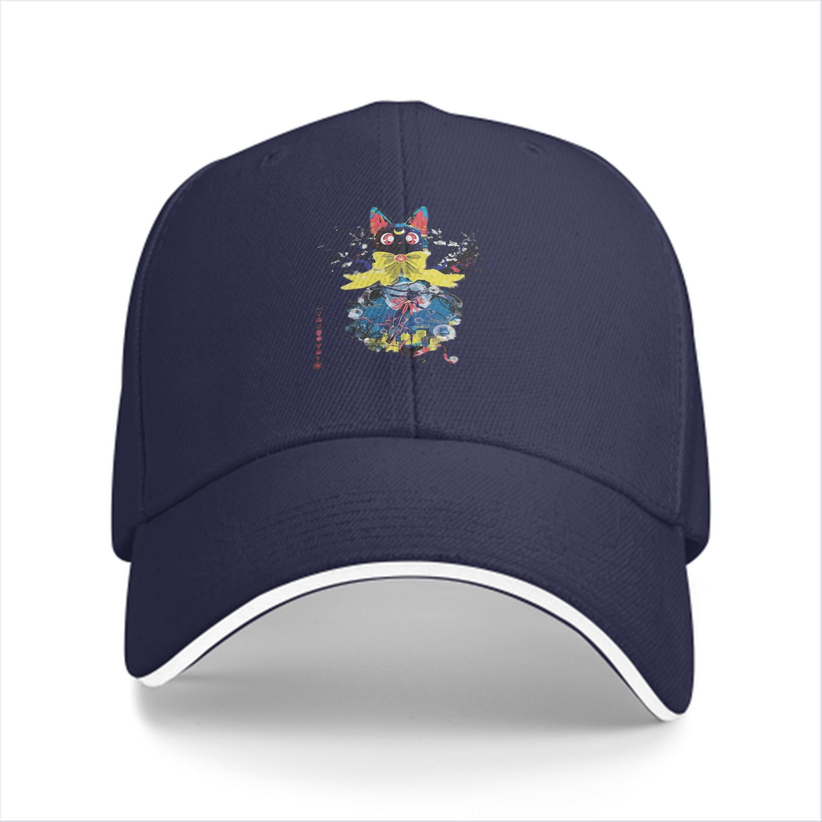 Black Baseball Cap With Anime Black Cat Graphic Print