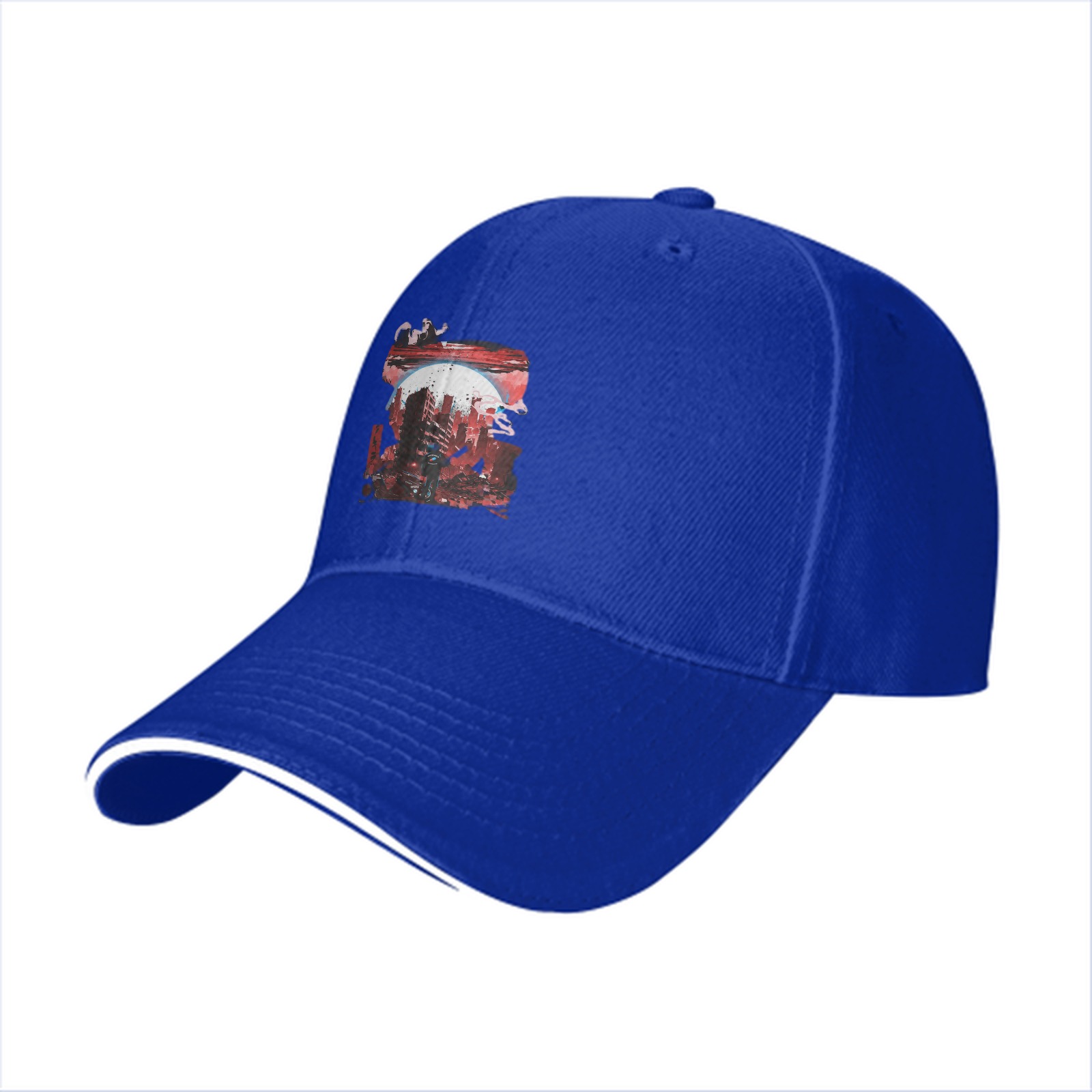 Black Baseball Cap with Abstract Red Cityscape Print