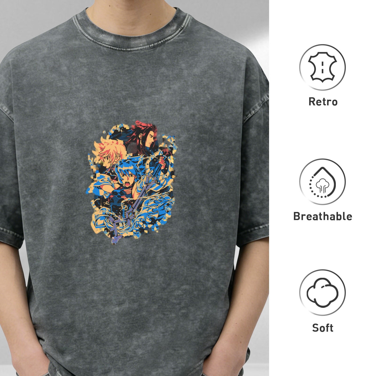 Anime Character Graphic Washed Black Oversized T-Shirt