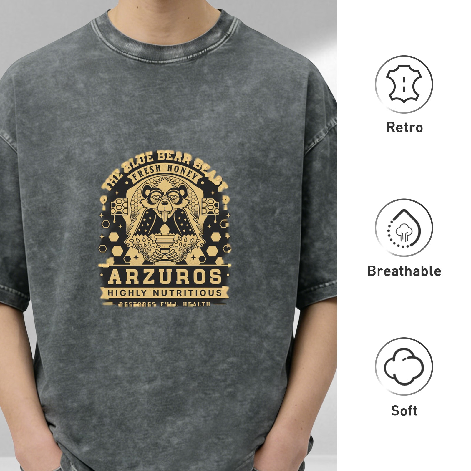 Washed Black Graphic Tee With Blue Bear Beast Honey Print