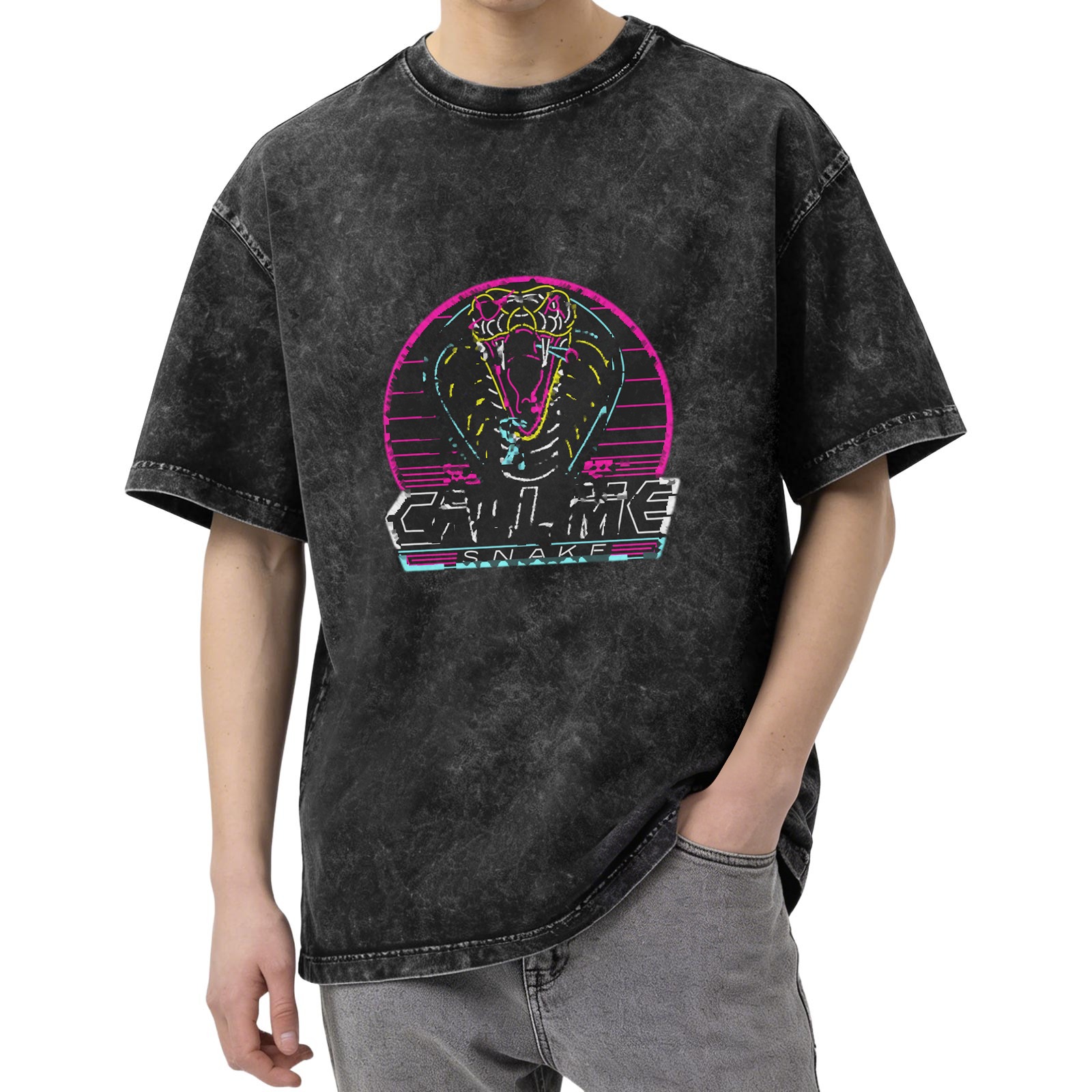 Oversized Acid Wash T-Shirt with Neon Cobra Call Me Snake Graphic