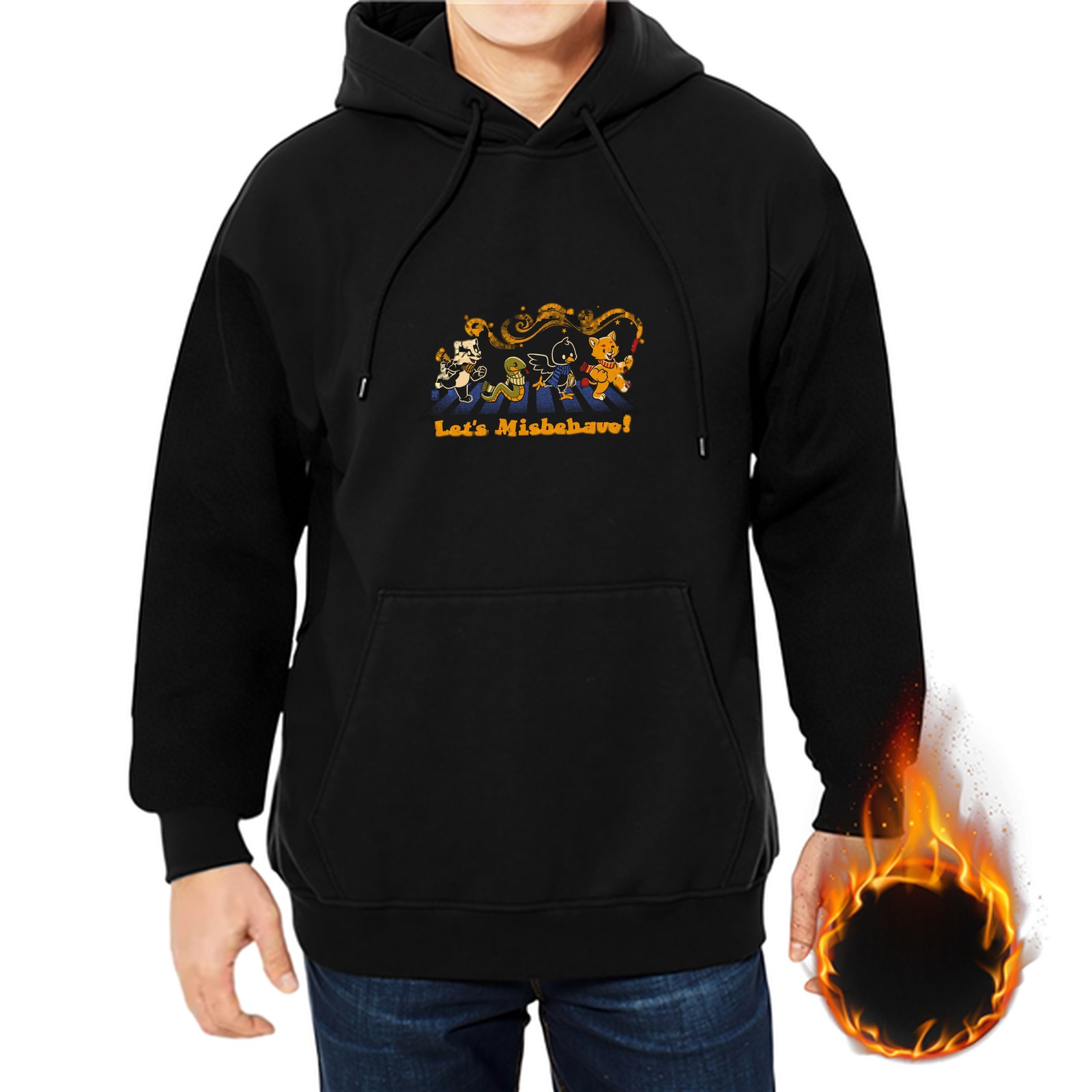 Black hoodie with 'Let's Misbehave!' playful animal graphic print