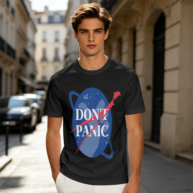Olive green space-themed t-shirt with 'Don't Panic' print