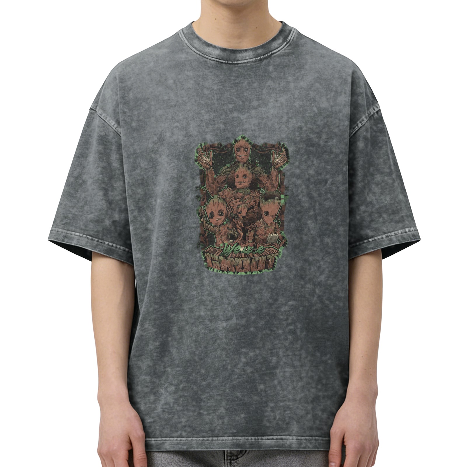 Washed Black Oversized T-Shirt with Groot Character Graphic