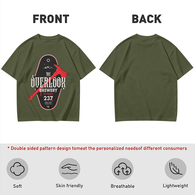 Olive green t-shirt with The Overlook Brewery axe graphic
