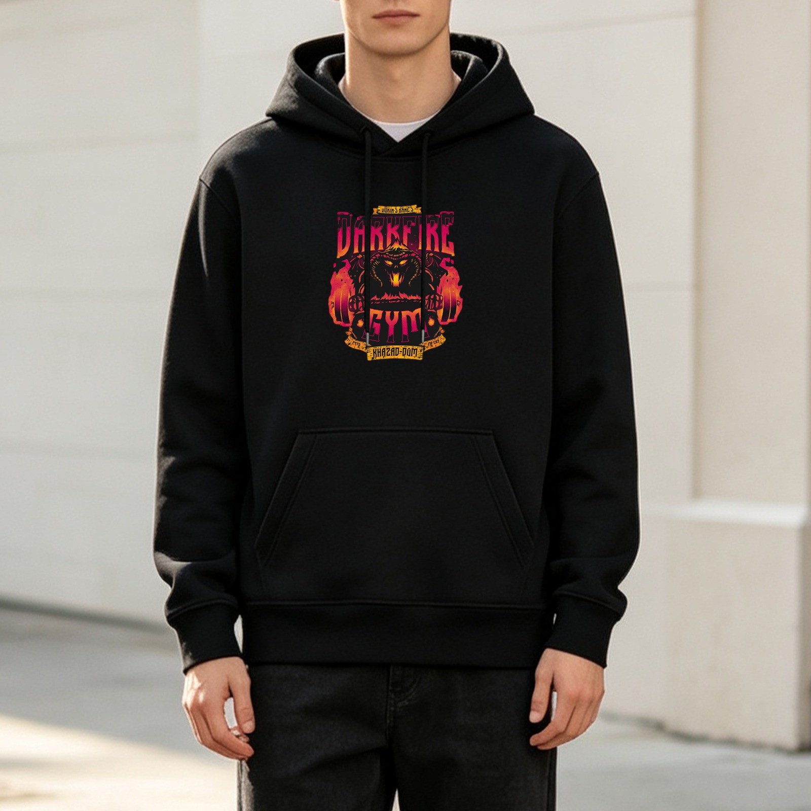 Black Hoodie With Darkfire Gym Fiery Demon Graphic Print