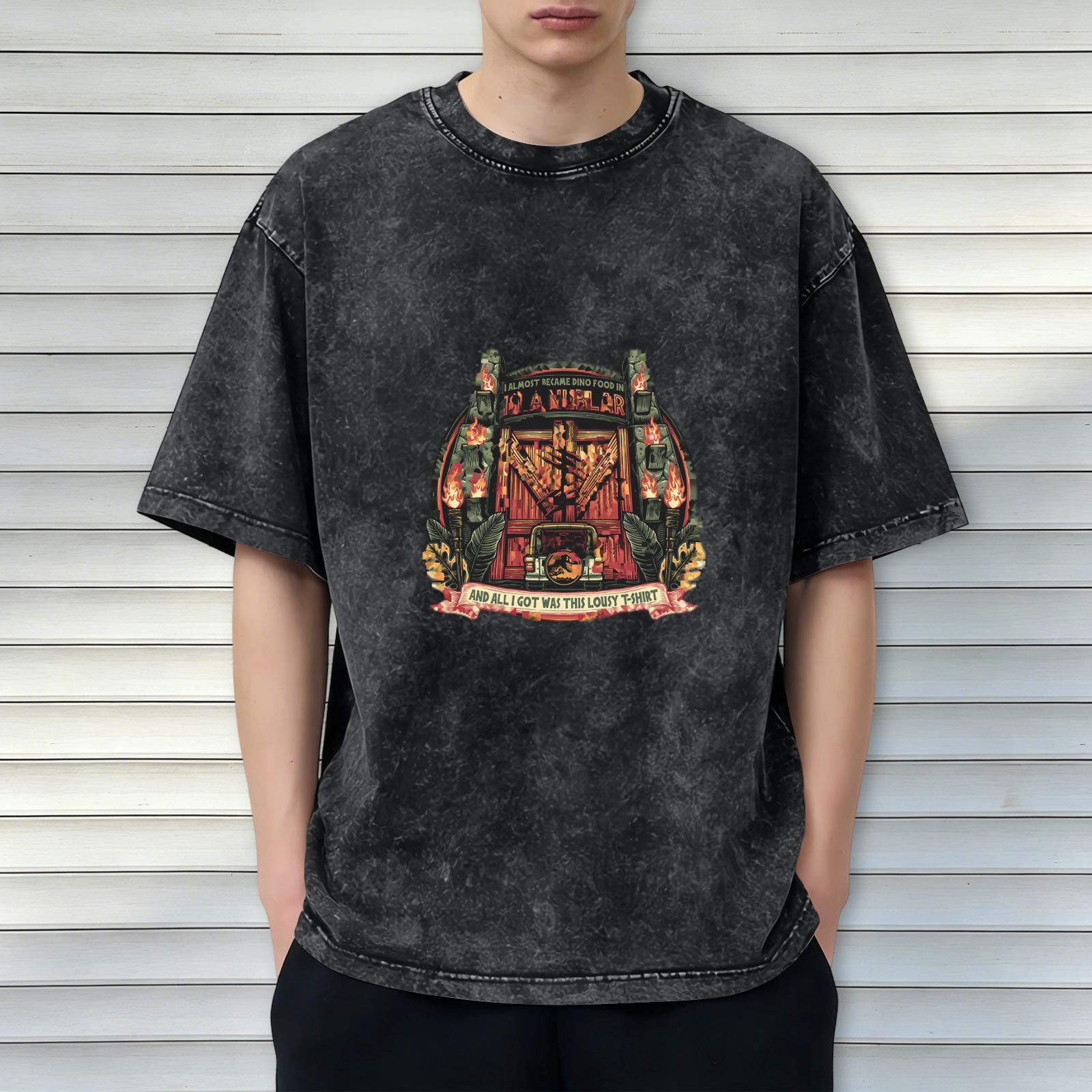 Oversized Vintage Wash Graphic T-Shirt with Dinosaur Themed Print