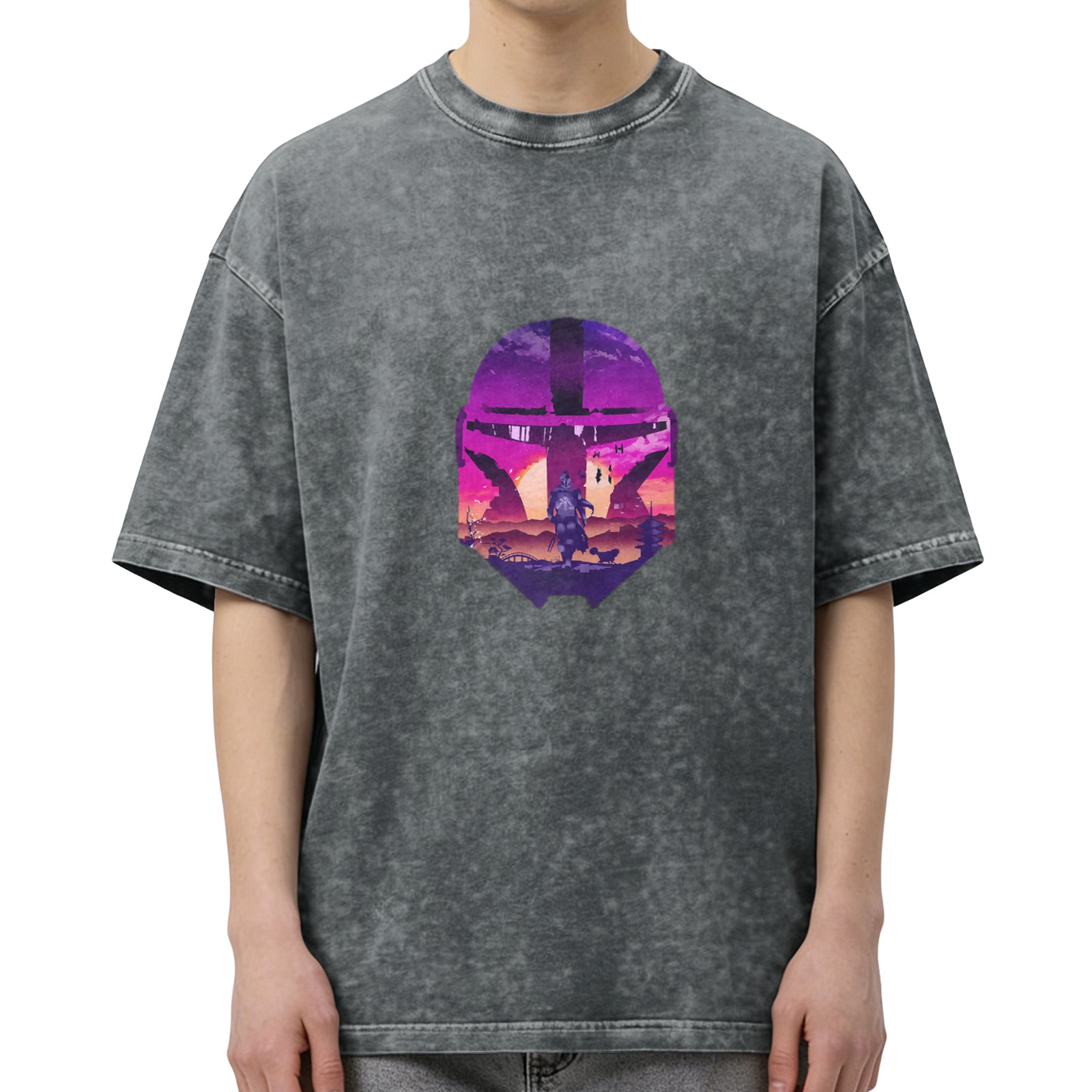 Distressed Black Mandalorian Helmet Graphic Short Sleeve T-Shirt