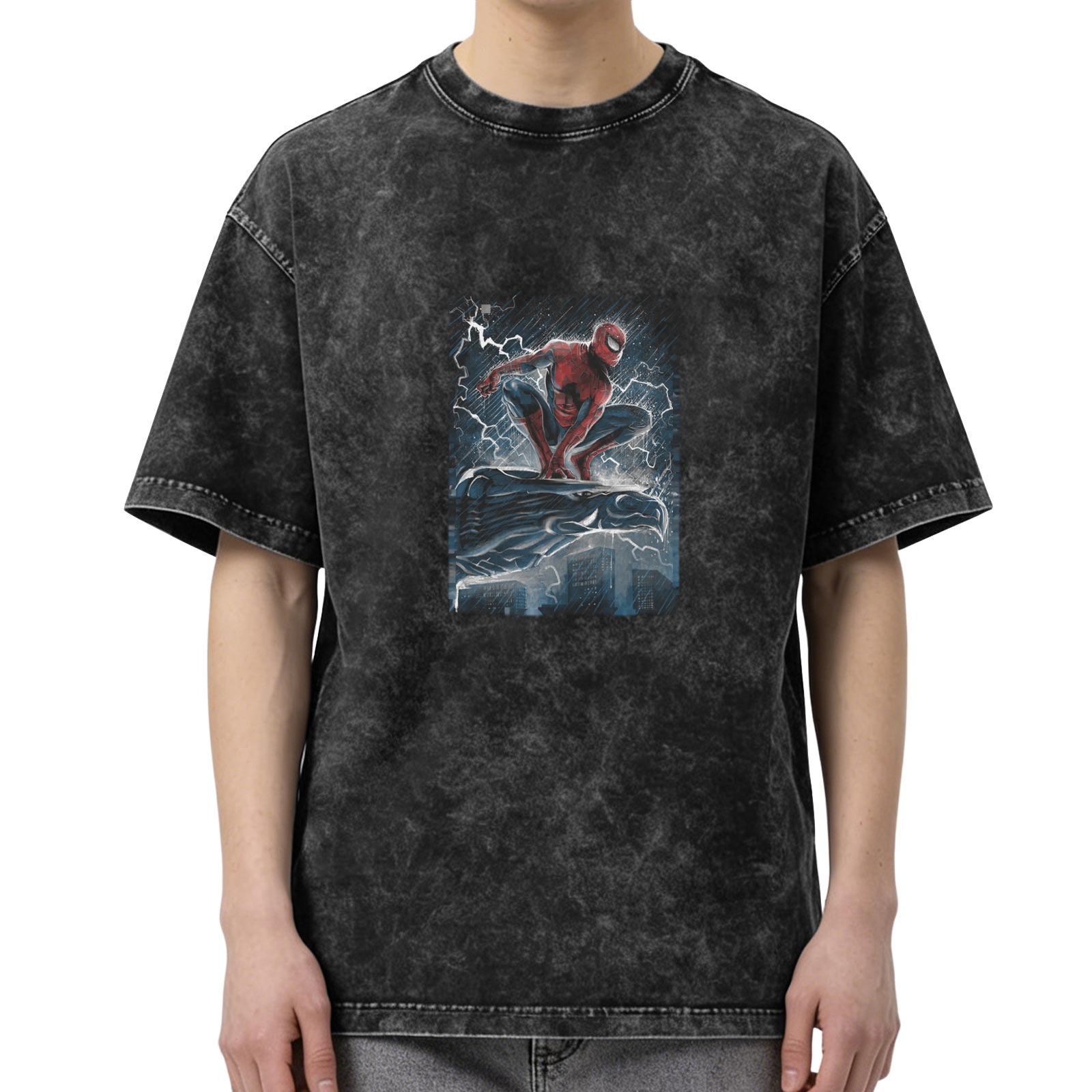 Washed Black Oversized T-Shirt with Spider-Man Storm Graphic