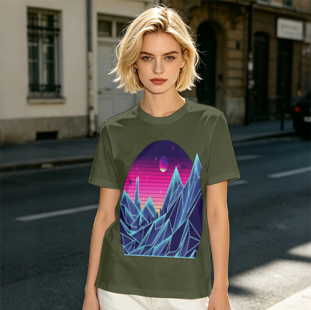 Olive T-Shirt With Synthwave Crystal Mountain Sunset Art