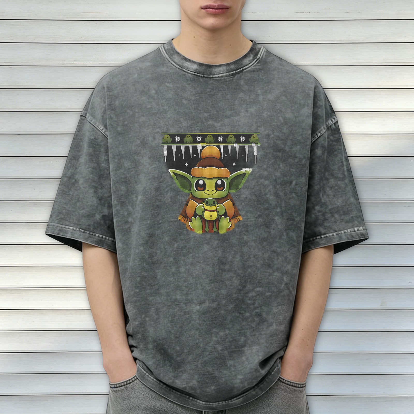 Washed black t-shirt with cute Baby Yoda holiday frog graphic