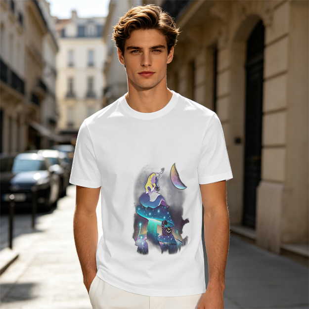 Olive T-Shirt with Alice in Wonderland Galaxy Mushroom Art