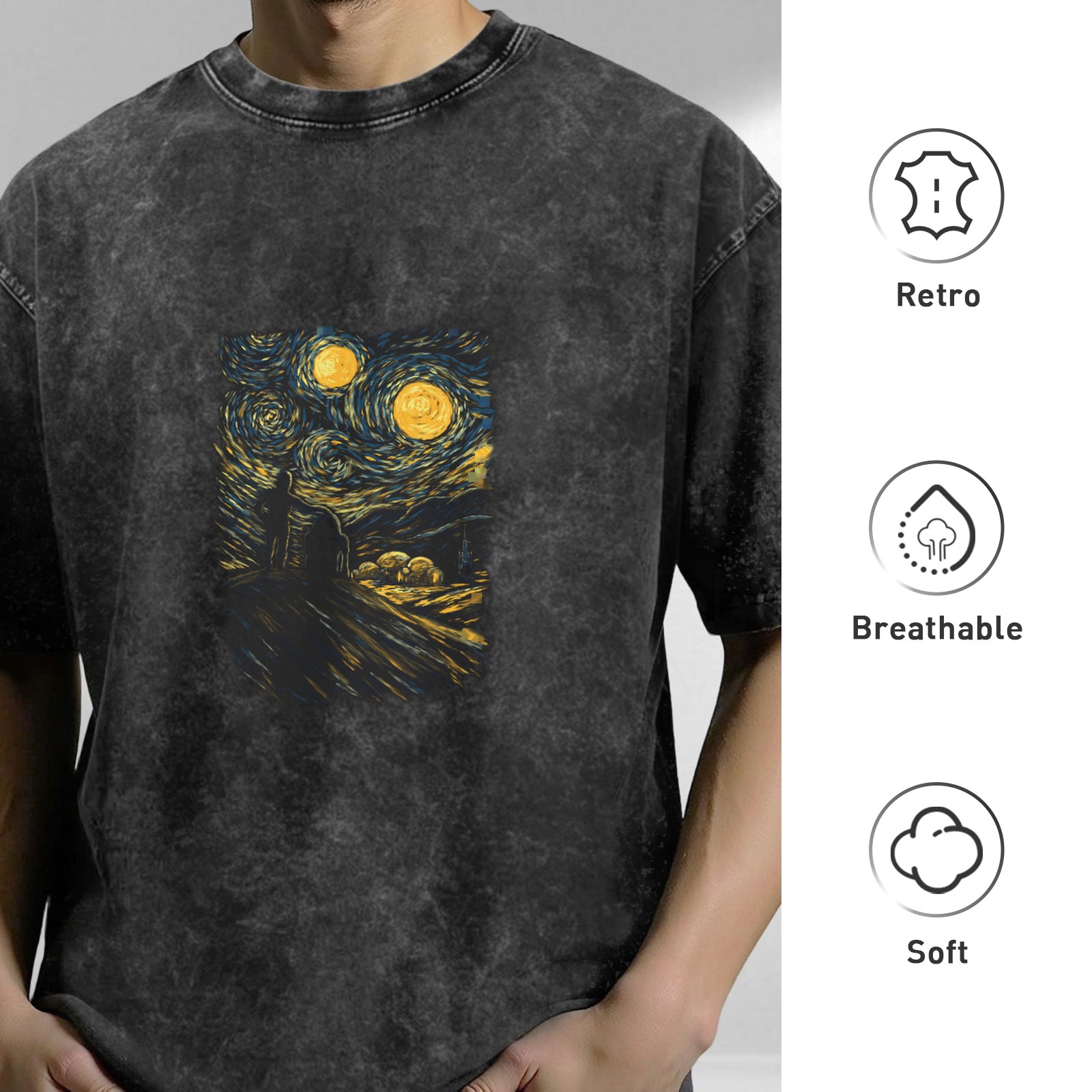 Oversized Washed T-Shirt with Starry Night Art Print