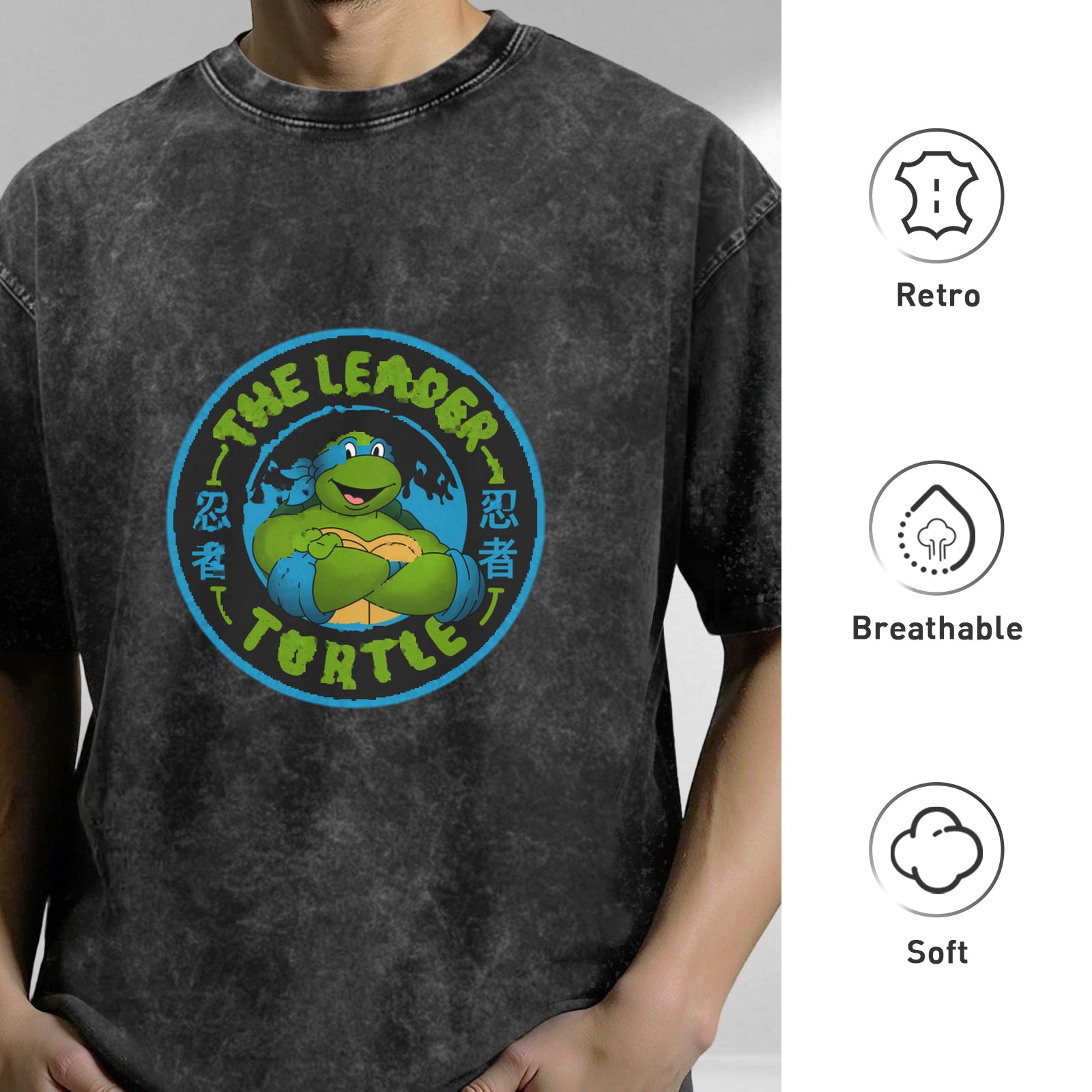 Washed black t-shirt with Teenage Mutant Ninja Turtles leader graphic