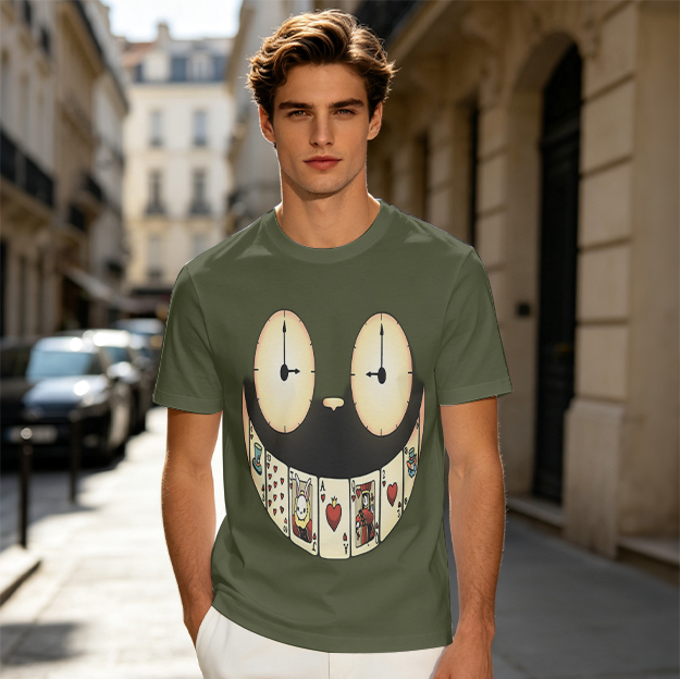 Olive T-Shirt With Clock Eyes And Playing Card Grin Graphic