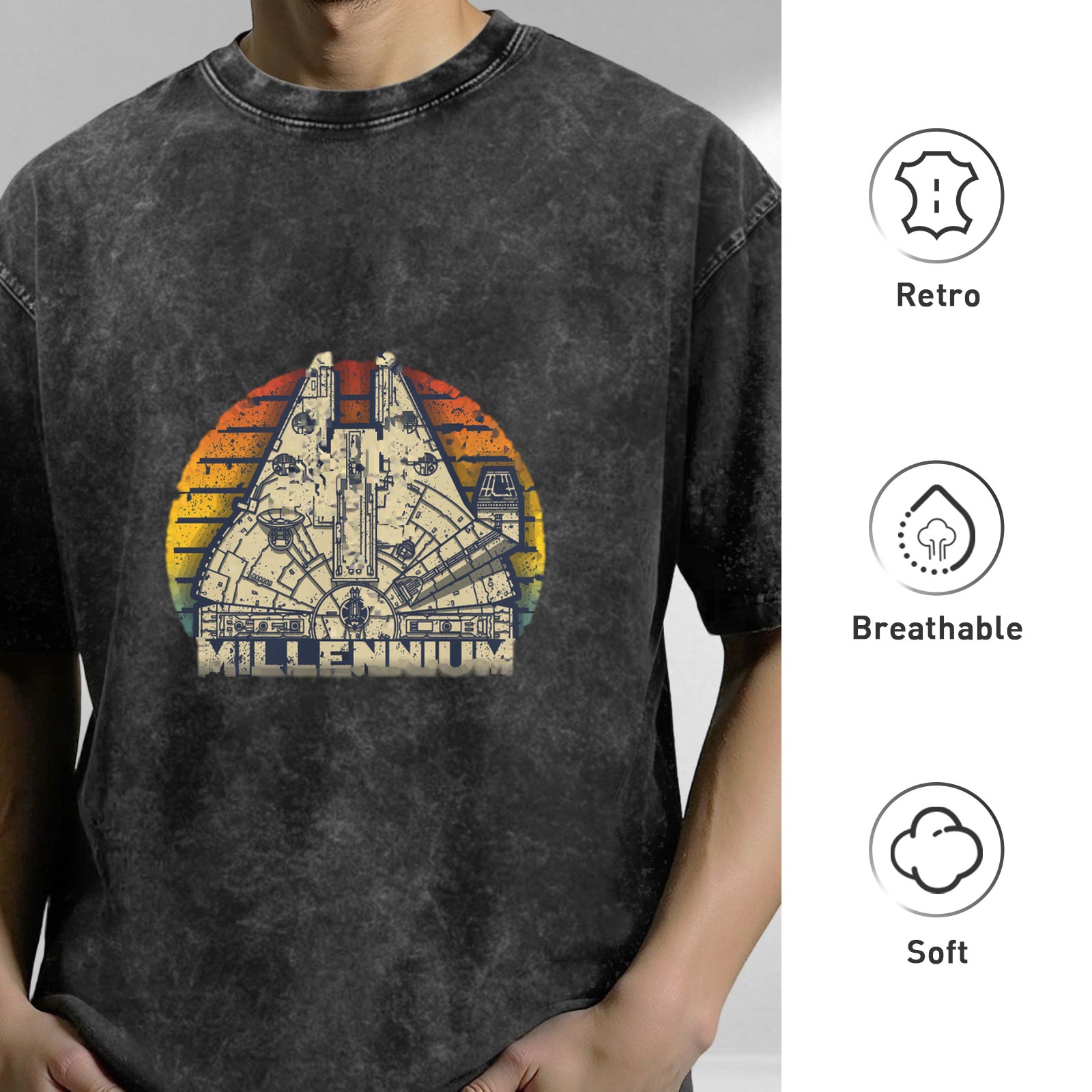 Washed Black T-Shirt with Millennium Falcon Retro Sunset Graphic