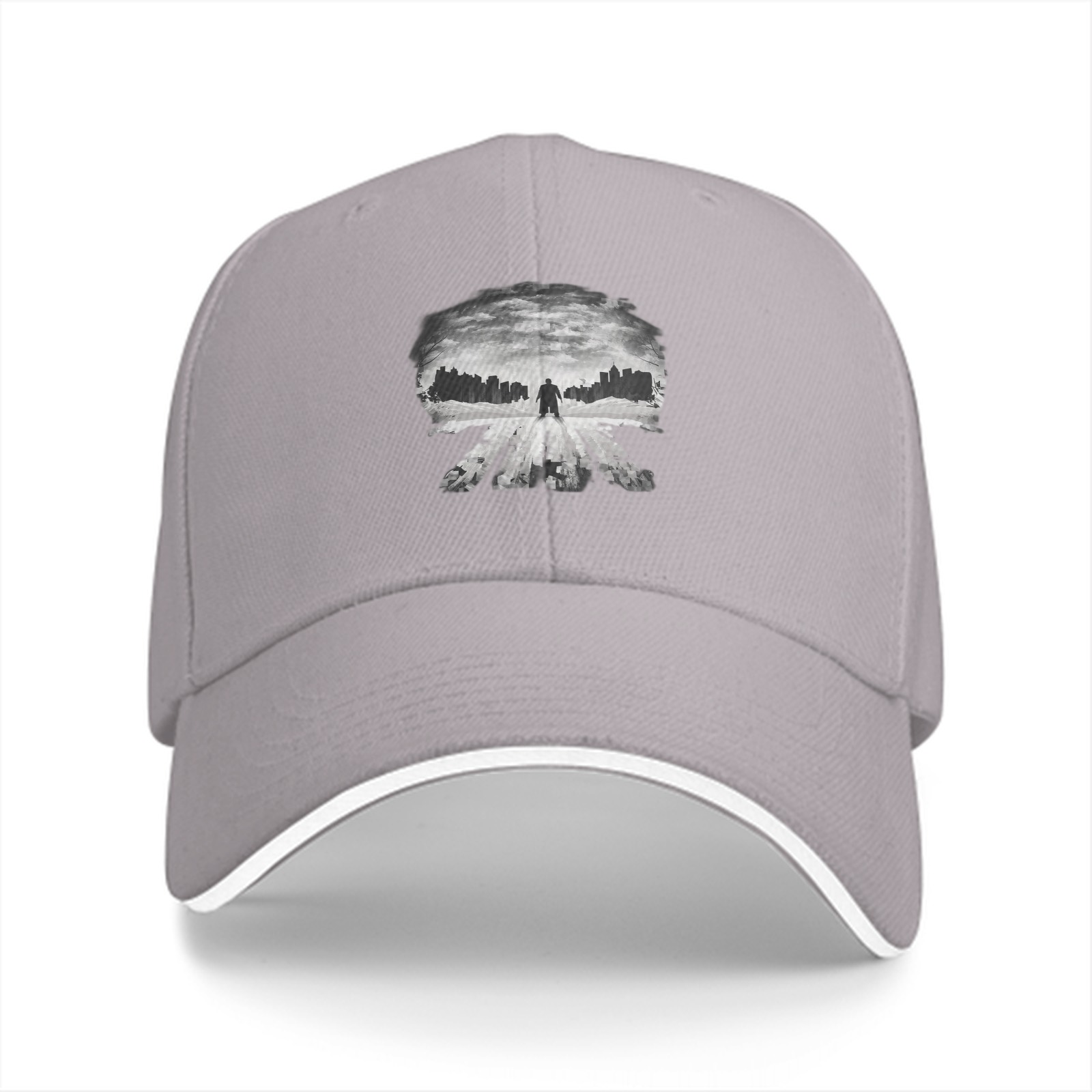 Black baseball cap with Punisher skull cityscape graphic