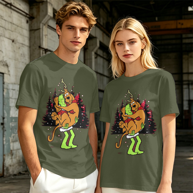 Olive Christmas T-Shirt Featuring Scooby-Doo Hugging The Grinch