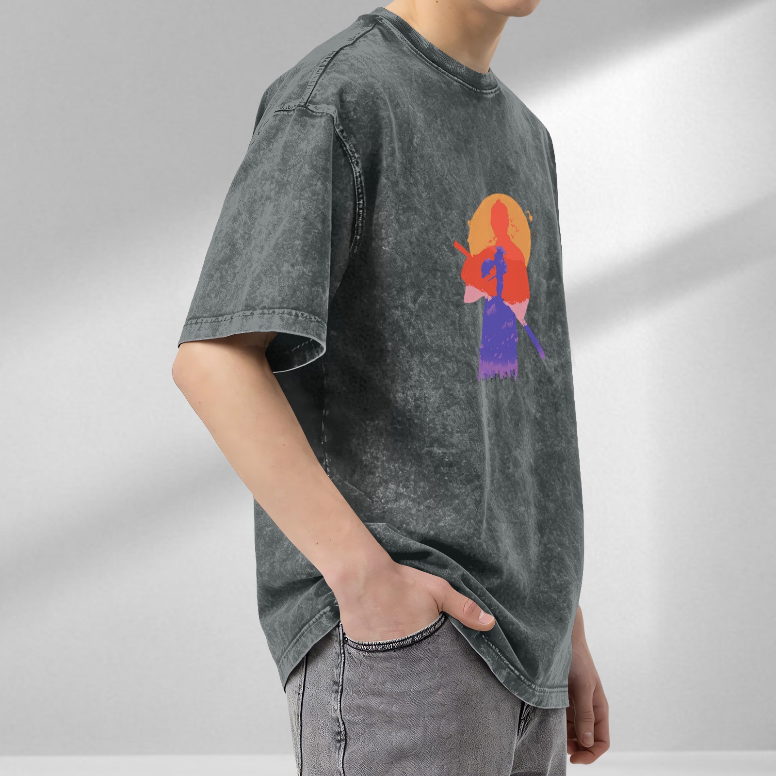 Washed black graphic t-shirt with samurai sunset silhouette print