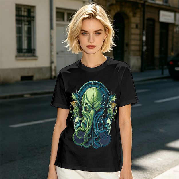 Olive Green T-Shirt With Cthulhu Skull Graphic Print