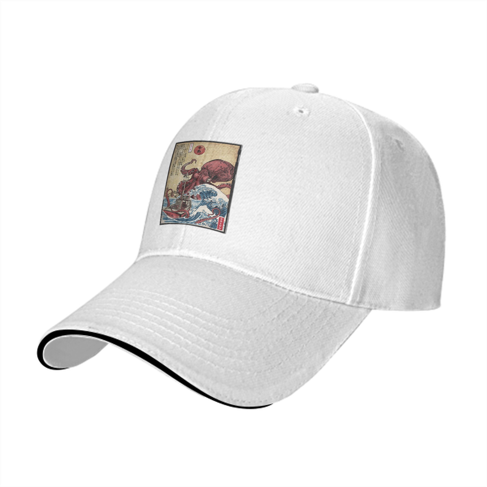 Black Baseball Cap with Japanese Octopus Wave Art Print