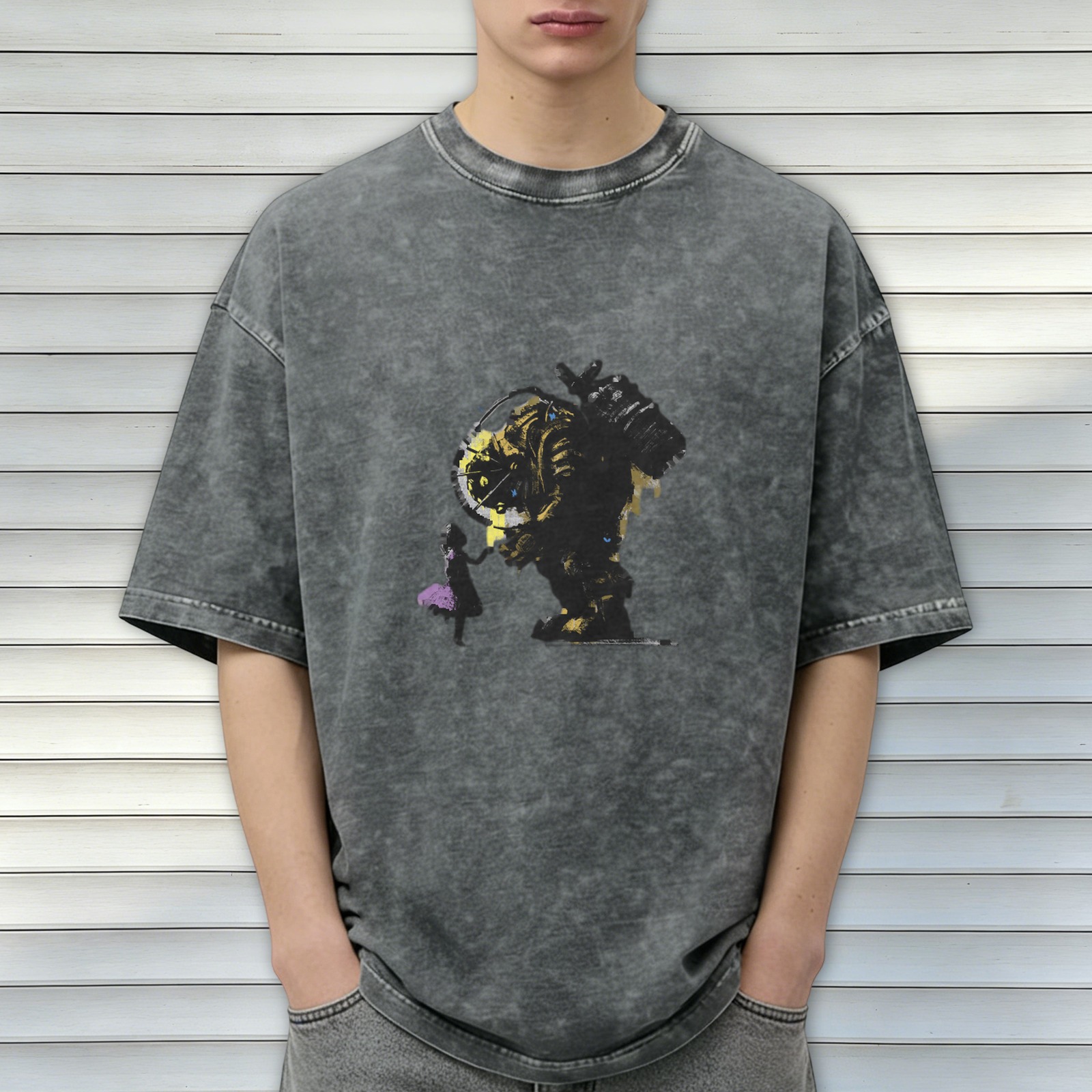oversized acid wash graphic t-shirt with abstract mechanical print