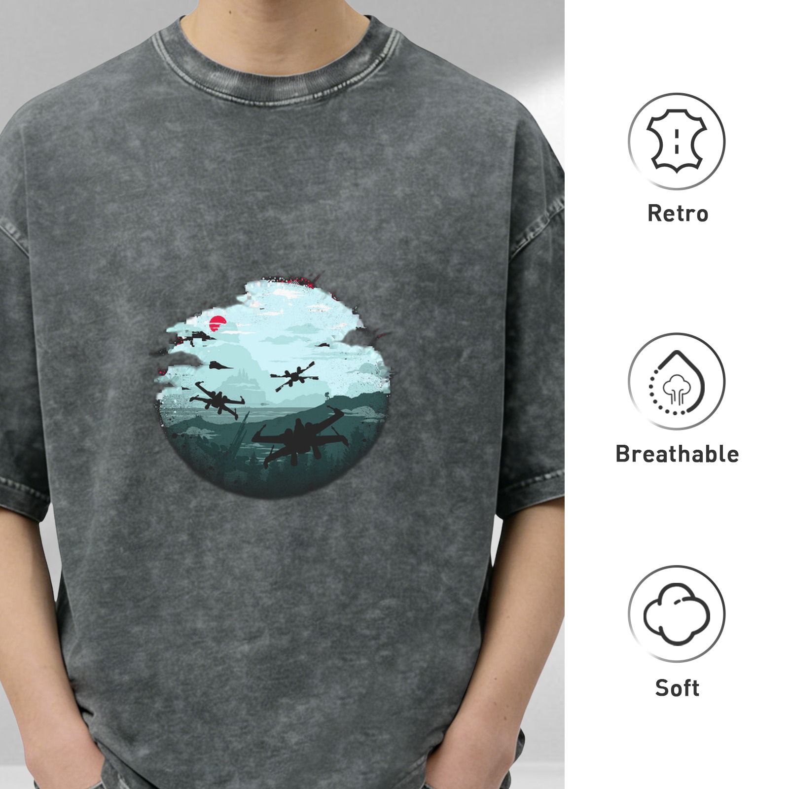 Oversized Vintage Wash Graphic T-Shirt with Star Wars X-Wing Fighter Design