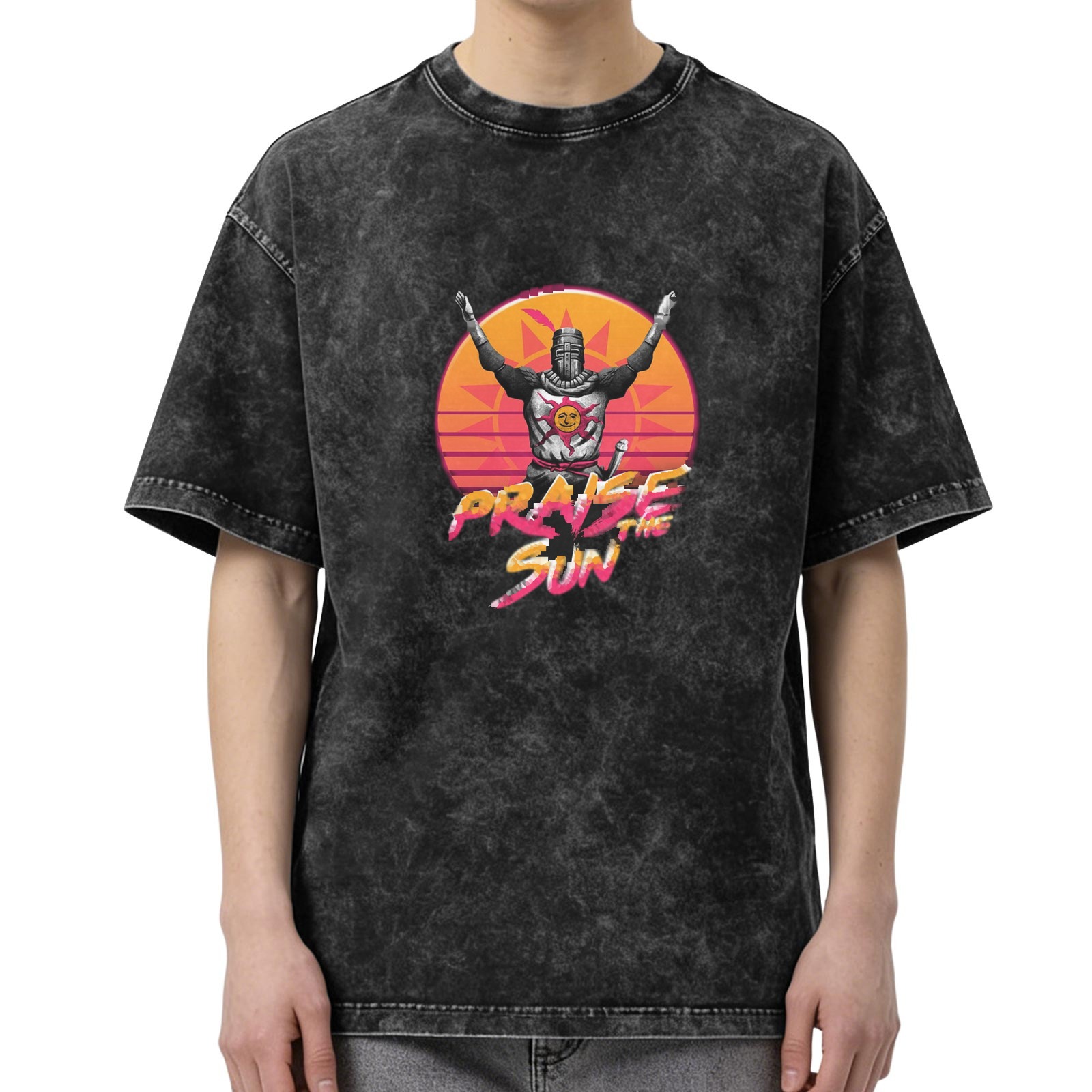Dark Souls Praise The Sun Retro Graphic Acid Wash Oversized T-Shirt