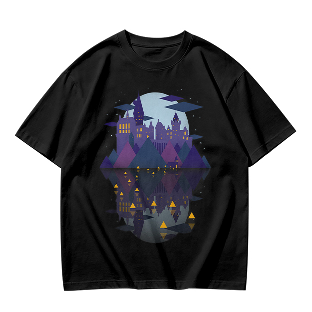 Olive T-Shirt With Night Castle Lake Reflection Graphic