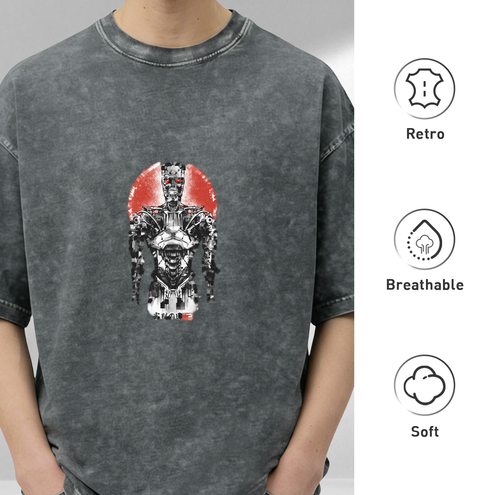 Washed Black Oversized T-Shirt with Terminator Robot Graphic