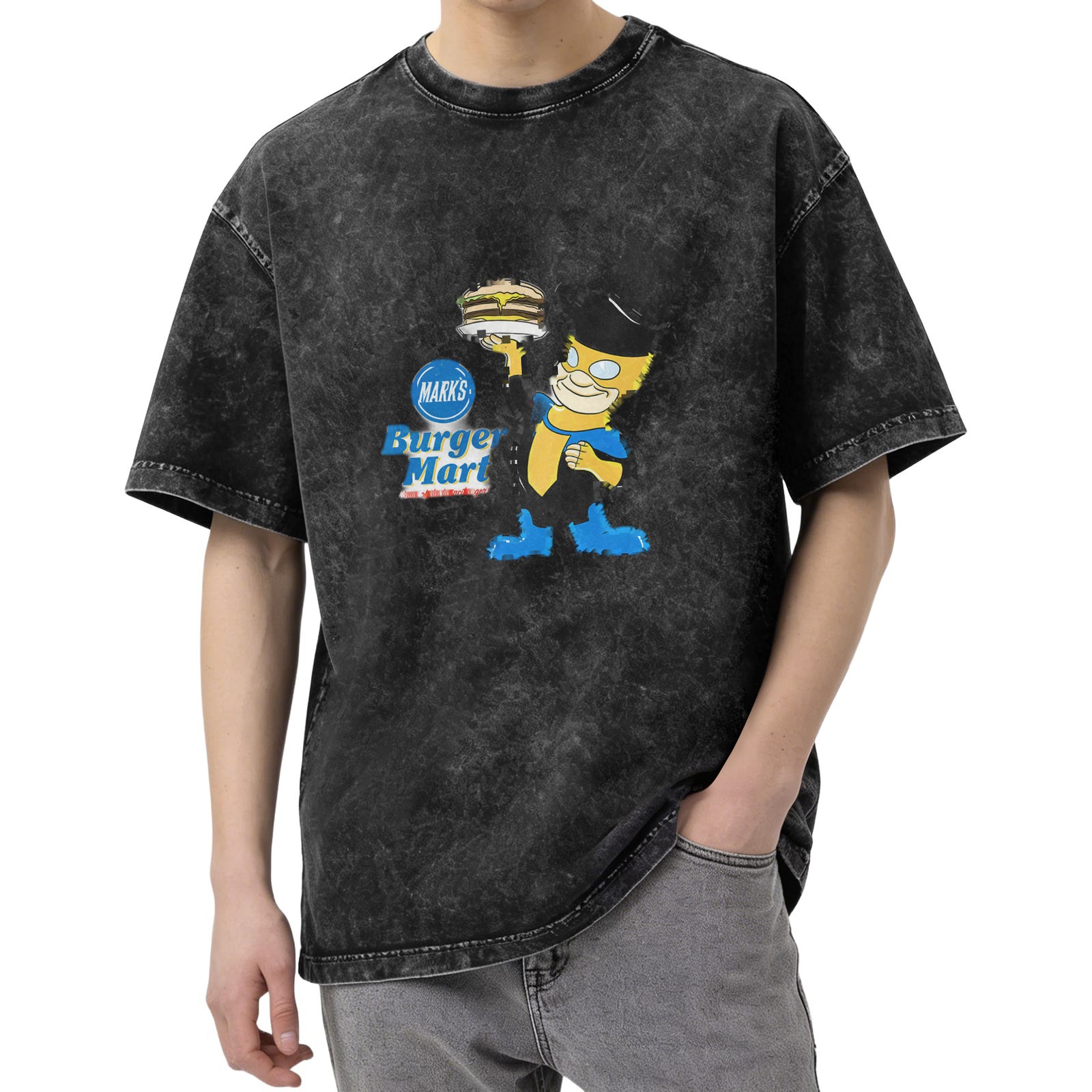 Oversized Acid Wash T-Shirt with Burger Mart Bart Simpson Print