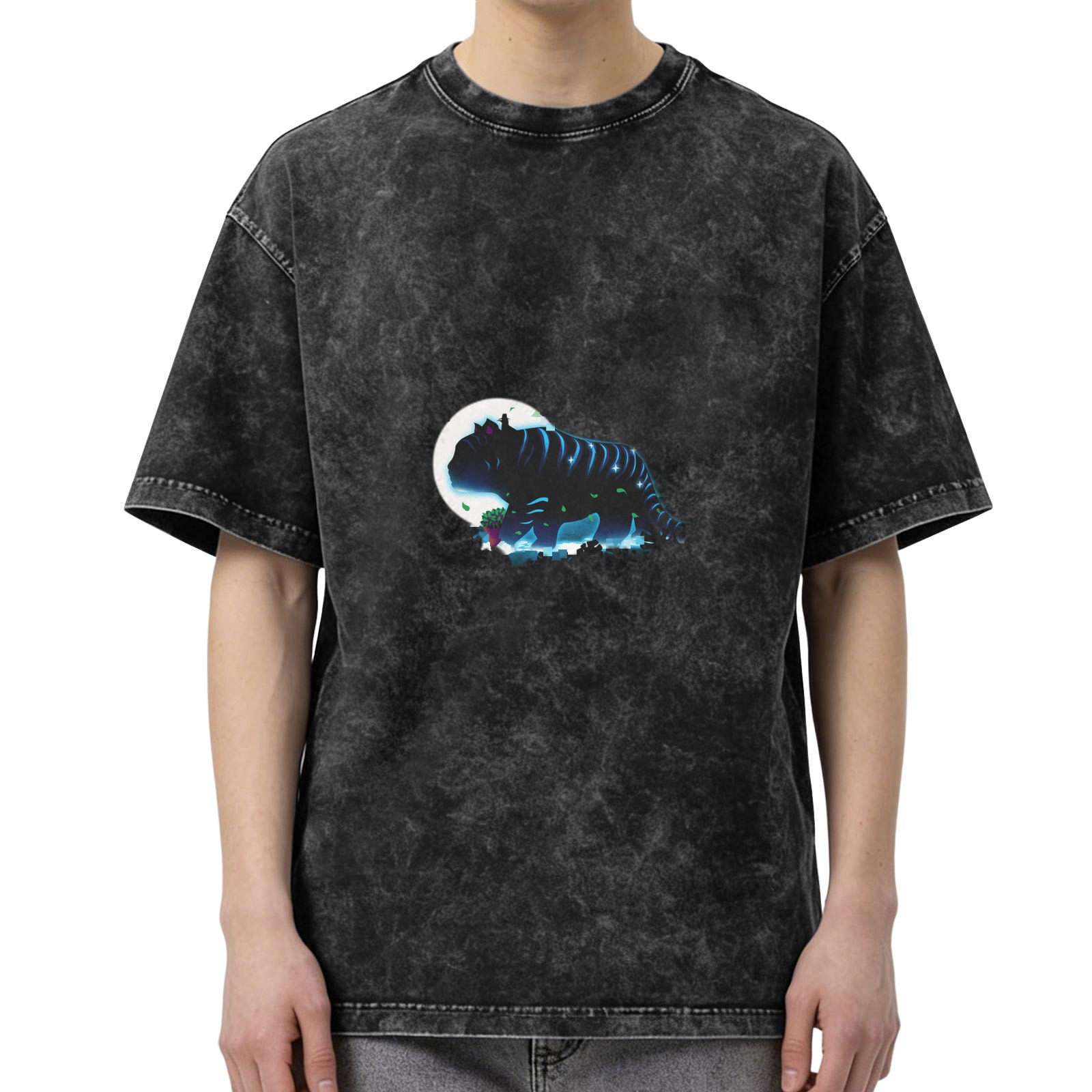Oversized Dark Wash T-Shirt With Glowing Fantasy Creature Print