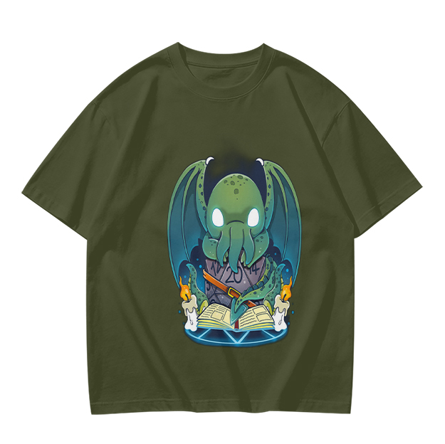 Olive T-shirt with Cute Cthulhu Reading Grimoire Print