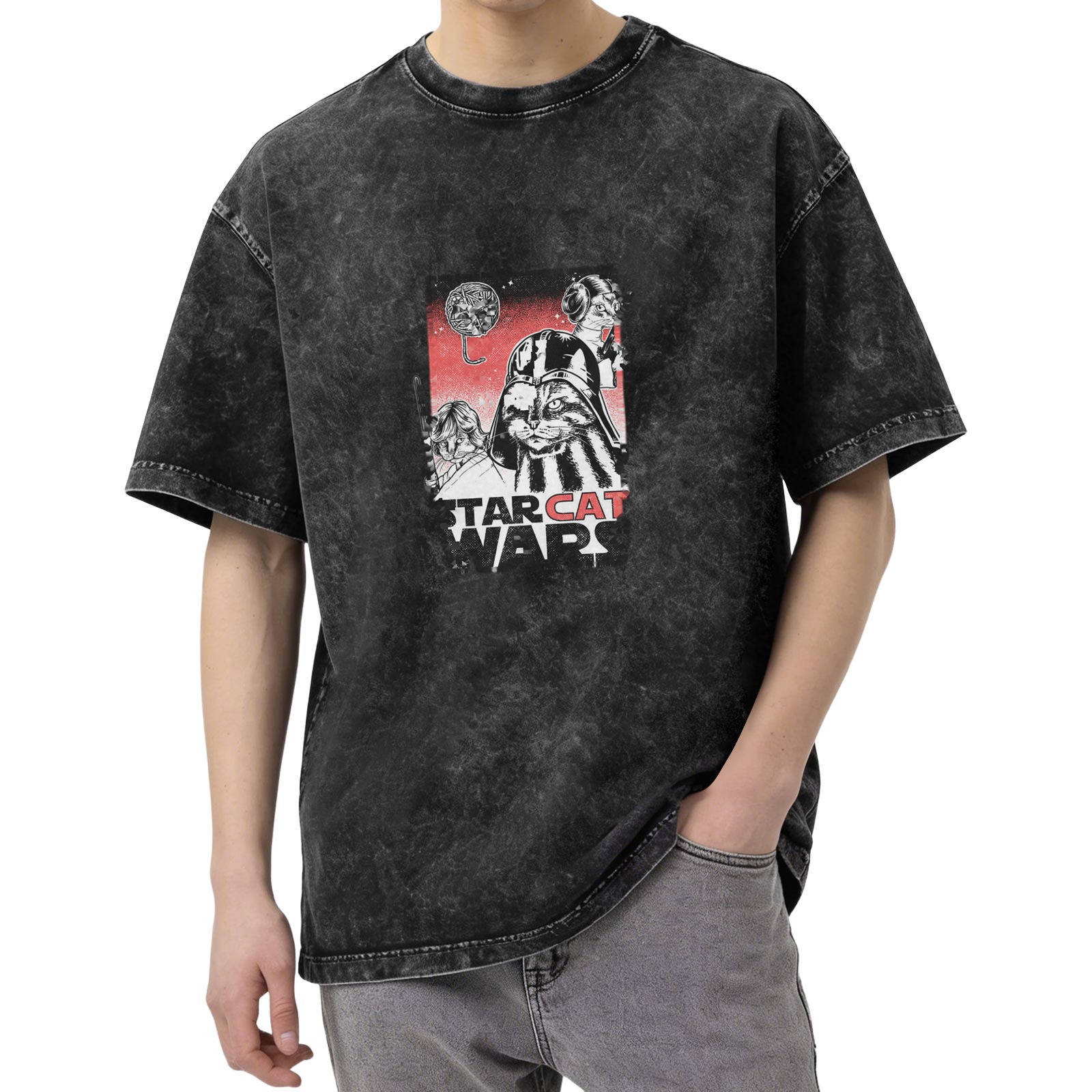 Star Cat Wars Graphic Acid Wash T-Shirt for Cat and Sci-Fi Fans