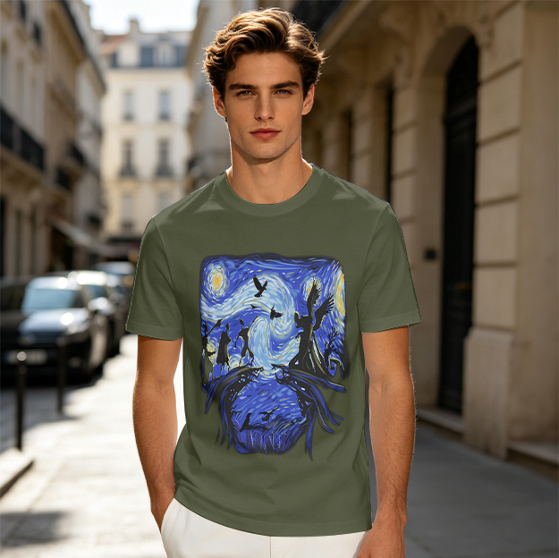 Olive T-Shirt with Starry Night Style Fantasy Art Print
