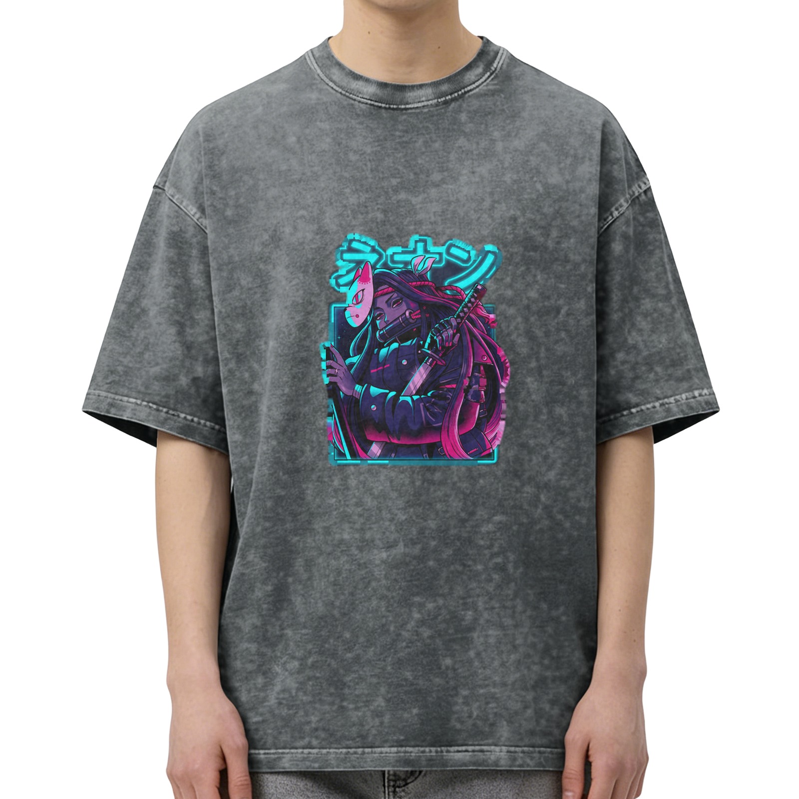 Oversized Acid Wash T-Shirt With Neon Anime Samurai Graphic