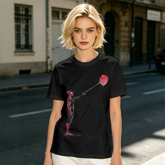 Olive T-shirt with Spider-Man Holding Red Balloon Graphic