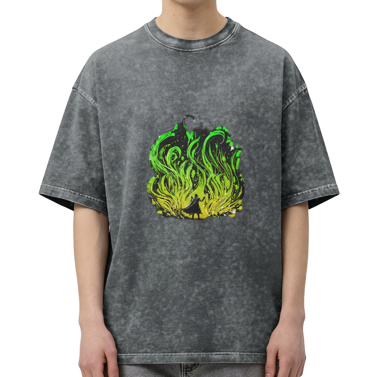 Oversized Acid Wash T-Shirt With Green Flame Silhouette Print