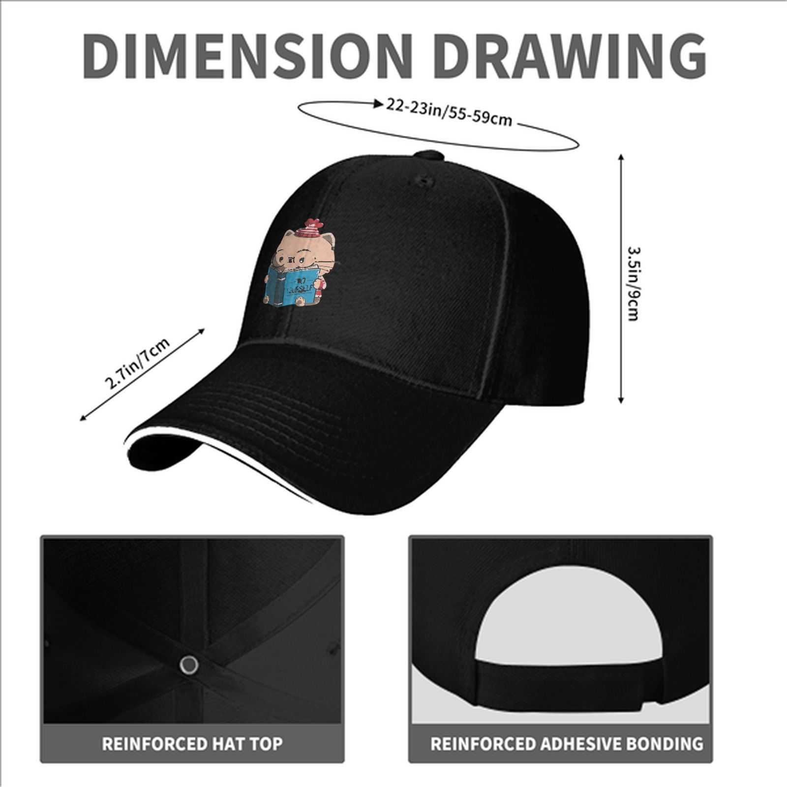 Black Baseball Cap With Cute Reading Cat Graphic