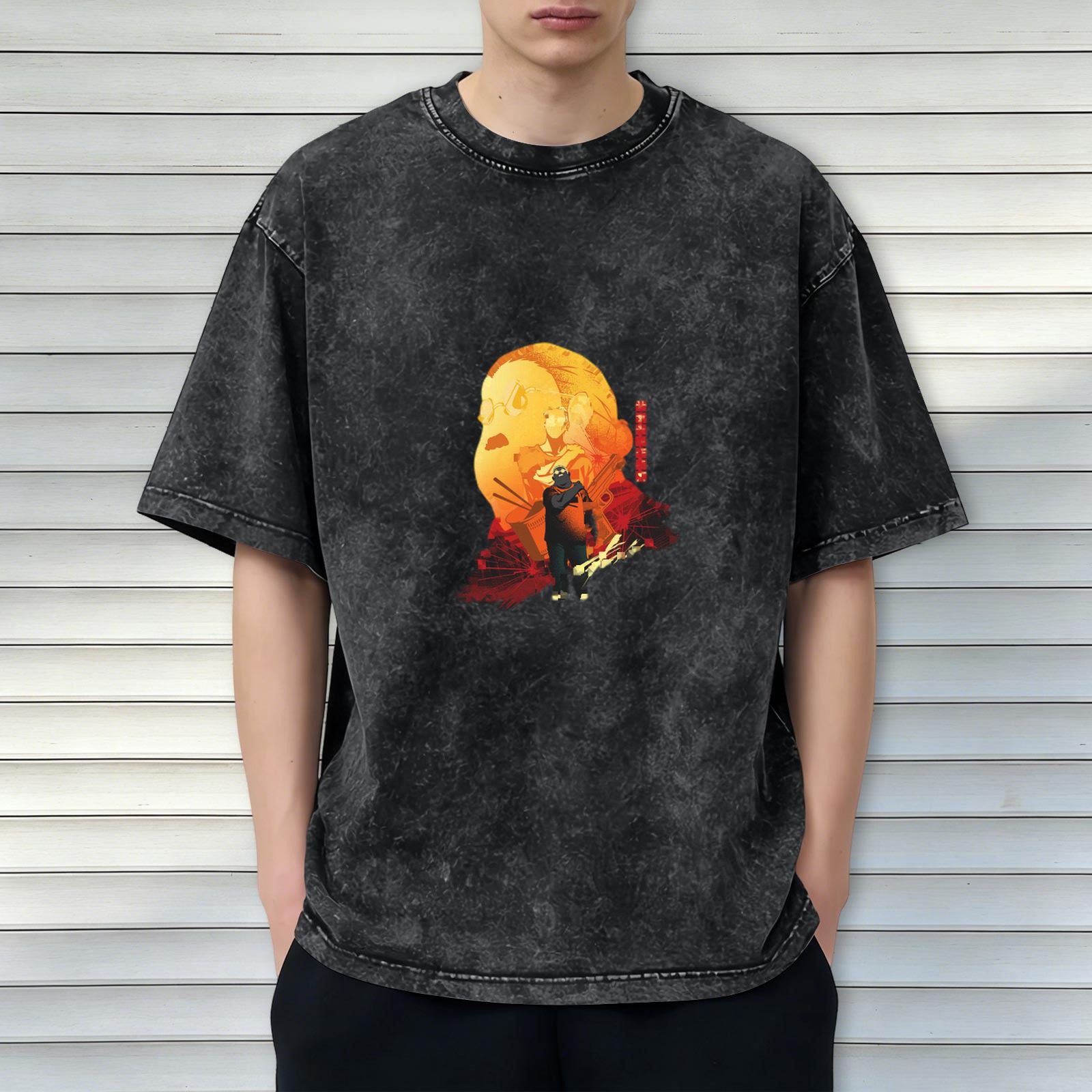 Oversized Acid Wash Anime Graphic T-Shirt