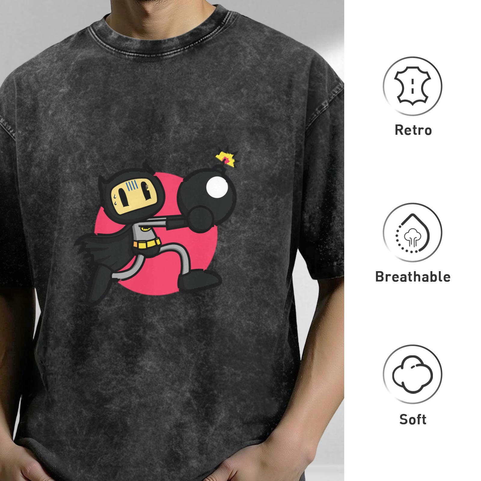 Oversized Acid Wash T-Shirt With Batman Bomber Cartoon Graphic