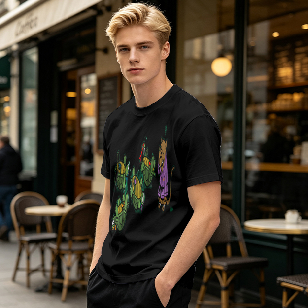 Olive Graphic Tee With Ninja Turtles and Splinter Print