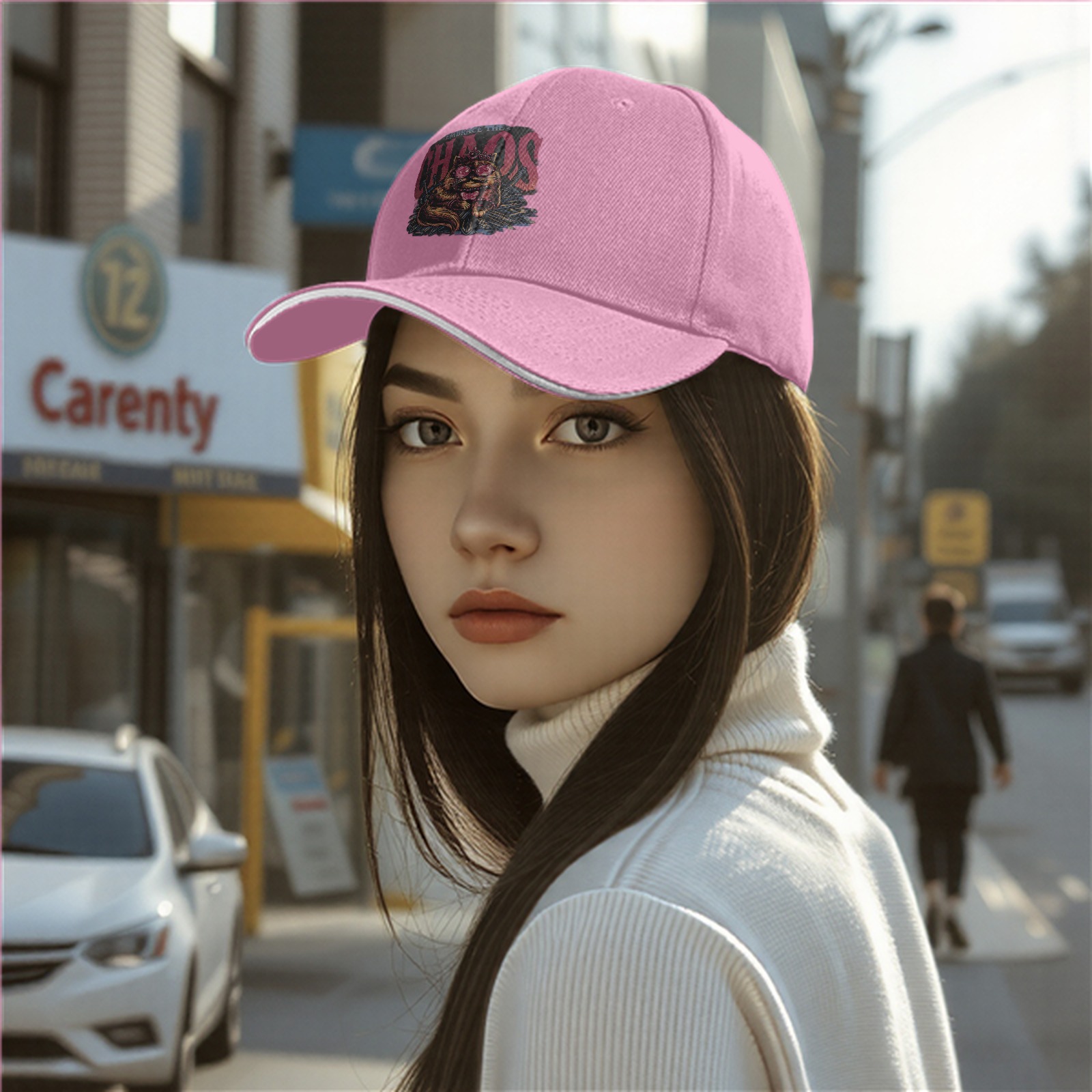 Black Baseball Cap With Embrace The Chaos Cat Graphic