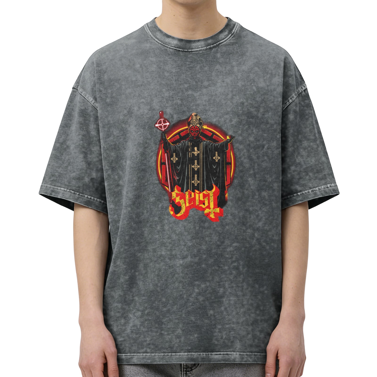 Oversized Dark Wash Graphic T-Shirt with Occult Priest Print
