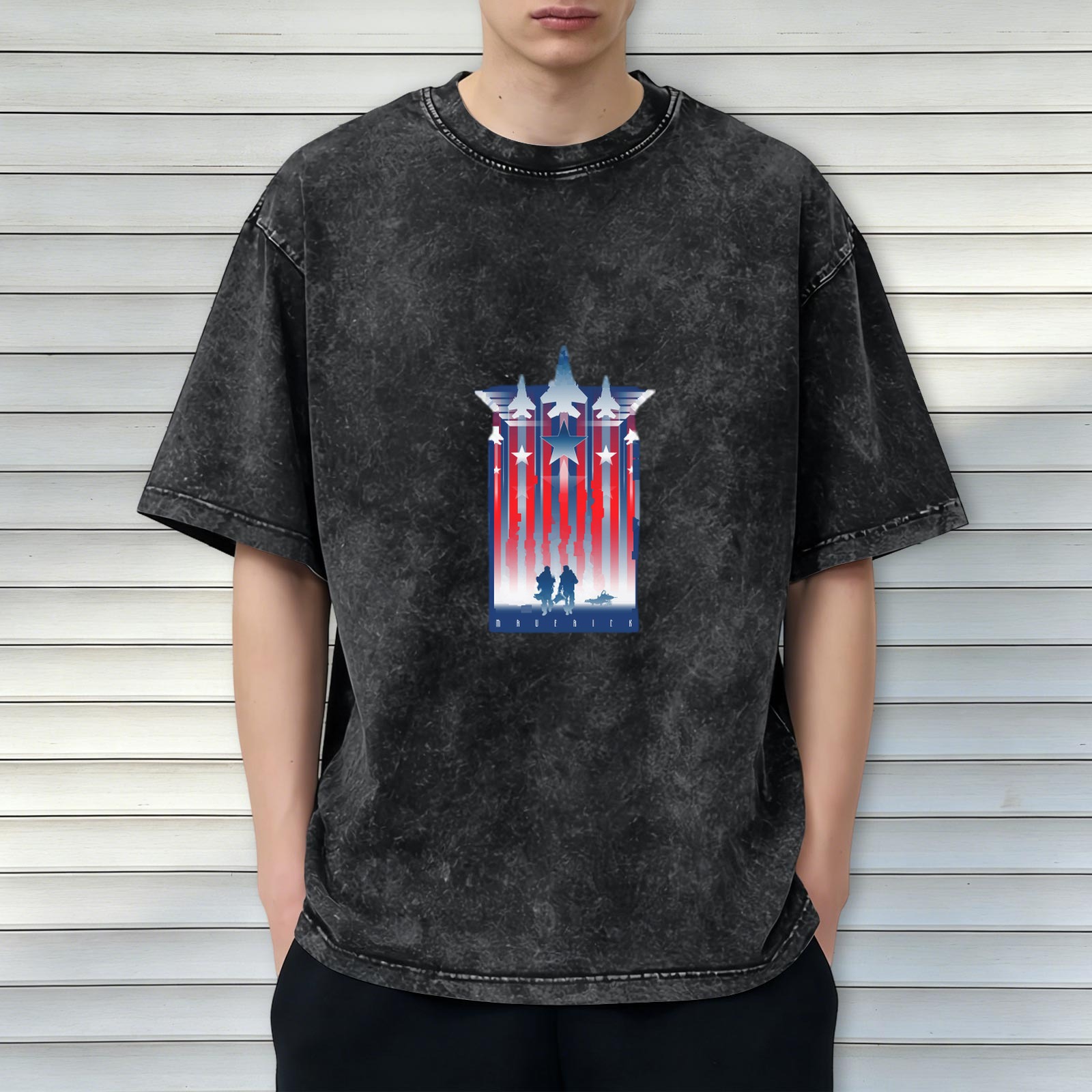 Oversized Black Acid Wash T-Shirt With Patriotic Military Jet And Soldier Graphic